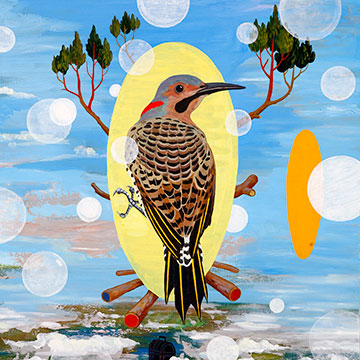 Painting of a Northern flicker bird centered over a yellow oval on a blue sky landscape background
